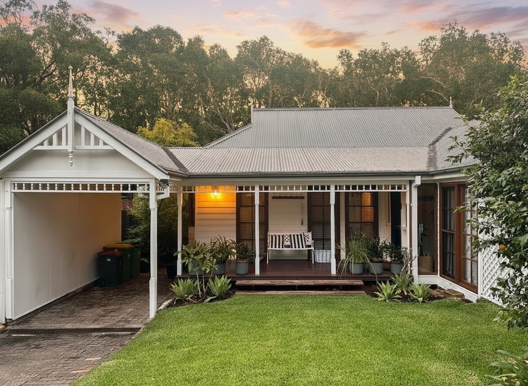 Forresters Beach holiday cottage front view at dusk with warm lighting Central Coast NSW